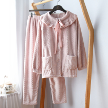 Hong Kong trendy brand Japanese sweet ins pajamas womens autumn and winter thickened warm flannel long-sleeved home service suit