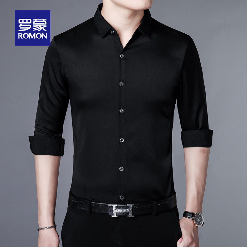 Romon spring shirt mens long-sleeved high-end new business fashion top stripe black handsome mens shirt tide