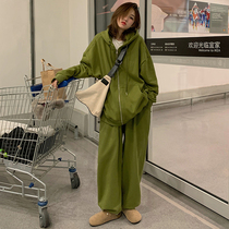 Even cap sweatshirt sports suit ladies spring and autumn students loose and thin Korean version of fashion running suit for leisure two sets of damp
