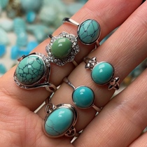 North Chinas pure natural green pine stone lady ring noodles all 925 silver inlay