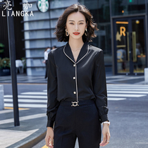 Black shirt female autumn new Korean loose commuter professional top temperament v leisure long-sleeved snow spinning shirt