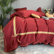 High - end cotton four - piece cotton satin 60 embroidery married dark red by the princess wind pure colored bed supplies