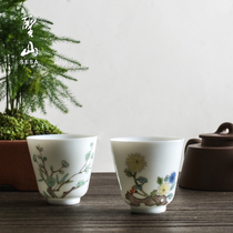 Shengshan Jade mud hand-painted Ancient color plum orchid bamboo Chrysanthemum White porcelain tea cup Jingdezhen ceramic tea cup single Cup kung fu tea set