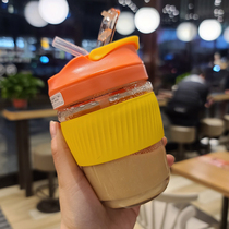 Dual-use glass-cup female minimalist water glass portable with straw milk tea cup small red book cute double drink coffee cup submale