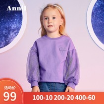 Anel childrens clothing female childrens clothes round neck spring and autumn clothing 2019 new foreign style splicing mesh sleeve loose T-shirt