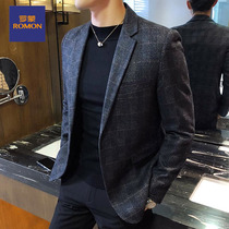 romon casual suit jacket men's 2021 no hot spring autumn slim fashion single suit formal check suit top