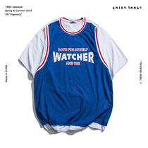 2019 New fake two-piece T-shirt mens Tide brand color loose casual BF wind couple short sleeve basketball jersey mesh tee