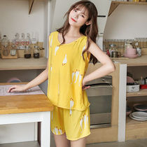 Summer sleeveless cotton silk pajamas two-piece suit Vest shorts Thin womens large size loose artificial cotton home clothes