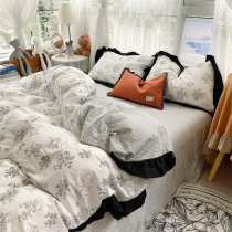 ins retro hebbon windy black and white sketching all cotton bed four pieces of Korean little fairy pure cotton quilt cover sheet