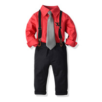 Three-year-old boy autumn suit tide boy long sleeve red shirt plus tie strap trousers four-piece spring and autumn
