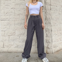 WEEKEEP gray casual pants womens loose straight tube wide leg pants high waist slim sports Joker suit pants