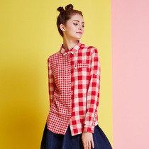 Huayige 2021 spring new red plaid shirt female Korean fashion splicing contrast color casual long-sleeved top tide