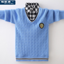 Boys sweater shirt collar fake two pieces of childrens clothing pure cotton knitted bottoming autumn and winter models