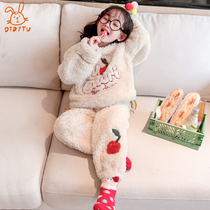 Girls pajamas autumn and winter coral fleece flannel suit Princess girl big child home clothes warm and thick