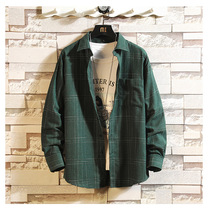 Dark green shirt mens long sleeve loose size trend Hong Kong style shirt jacket fine line Plaid stripes inch shirt tide
