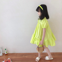 Childrens clothing girls Western style fluorescent green dress Childrens bubble short-sleeved skirt female baby 2021 new princess skirt