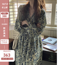 Autumn tie-dyed green flower dress tea break flower dress French gentle wind waist thin temperament long skirt