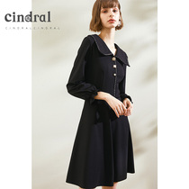 Xidi 2021 Spring dress new skirt women lapel black long sleeve dress waist thin temperament A- line dress