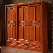 Solid wood rubber wood two doors three doors push-pull mobile door large capacity lockers wardrobe closet with mirror bedroom Chinese