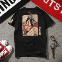 Tide brand men loose Japanese samurai print half sleeve summer large size trend hip hop pure cotton short-sleeved T-shirt men