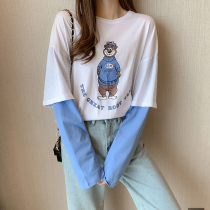 2021 Spring and Autumn New Korean version of cotton foreign style inside base shirt female loose students fake two long sleeve T-shirt women