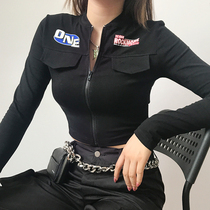 weekeep handsome black letter zipper long sleeve coat female navel Joker dance tooling coat tide spring and autumn