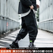 Xiaobin national tide winter plus velvet overalls mens loose hip hop Tide brand pants diagonal pocket Velcro leg pants tide