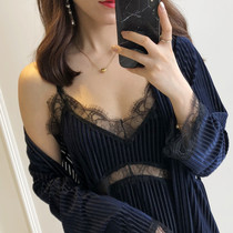 Hong Kong trendy brand ins womens spring autumn and winter gold velvet pajamas nightgown suit sexy lace suspender nightgown home service