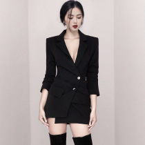 Thailand tide brand early autumn new suit skirt V-neck long-sleeved OL temperament black slim-fit design niche dress