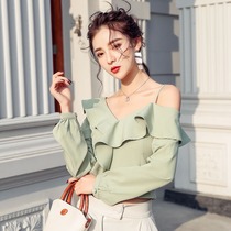 Careful machine dew shoulder harness shirt 2020 fall new French style shirt woman long sleeve short and lotus leaf side small blouse