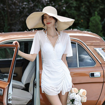 2022 New Spring One-piece Swimsuit Womens Conservative Half Sleeve Slimming Belly Steel Towel Pushing Flat Corner Fairy Style