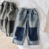 Korean baby childrens clothing raw edge straight jeans 2021 autumn new men and womens childrens baby casual pants