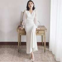 French wedding dress 2021 new style bride simple atmosphere travel shot retro collar card little white dress light wedding dress small dress summer