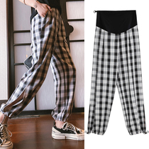 Pregnant women pants summer thin black and white plaid belly pants split feet spring and autumn leggings pregnant women summer clothes