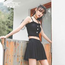 New Korean black split skirt style swimsuit Conservative belly lace girl backless hot spring resort sling swimsuit