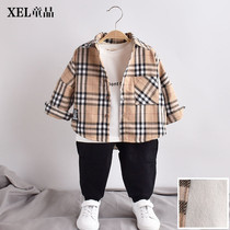 Boys velvet shirt long-sleeved winter clothes 2019 new foreign style small children baby plaid shirt thick warm tide
