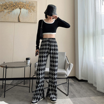 Letter casual pants womens straight spring new 2021 printing high waist loose thin split sweatpants knitted pants wide legs