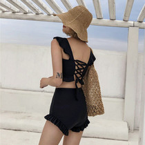 ins wind conservative sexy split bikini small chest gathered high waist cover belly thin student hot spring swimsuit female