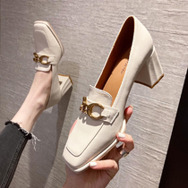 Thick heel small leather shoes womens autumn 2022 new casual loafers British style high-heeled square toe single shoes early autumn
