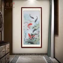 Famous pure hand-painted Chinese painting lotus nine fish picture Feng Shui painting calligraphy painting living room porch decorative painting carp hanging painting vertical plate