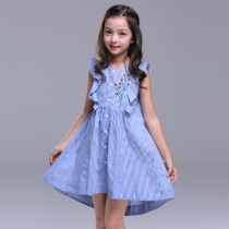 European and American boutique children's clothing girls summer ruffled cuff princess skirt children's striped embroidered cotton dress