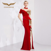 Creative fox wedding toast dress bridal cheongsam dress 2021 new red banquet host dress long section