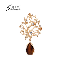 sumi shimini european and American wind 18K bag gold tiger eyes stone foliage flowers sparkling brooch accessories for womens new