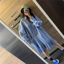 nam kk Korean womens loose super thin vertical stripe side drawstring long sleeve shirt dress spot