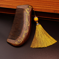 Portable Natural Golden Silk Sandalwood Comb Fine Teeth Hairdressing Comb Golden Silk Sandalwood Comb Electrostatic Massage Comb Portable Defense