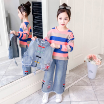 Girls spring and autumn three-piece suit 2021 new Western style fashionable wide-leg pants childrens middle and large fashion casual denim