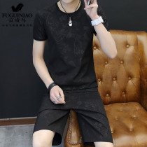 Rich bird summer ice silk short-sleeved leisure suit mens Korean version of the trend T-shirt shorts two-piece summer thin section