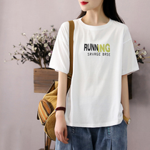 Han Soyi Retro Art Summer New Womens Clothing T-shirt Woman Short Sleeve Loose Big Code Round Collar Printed Letter Blouse