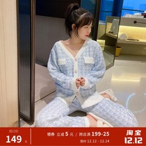 Thousand birds grid small fragrant wind soft cotton cardigan long sleeve pajamas women autumn and winter thick coral fleece knitted home wear suit