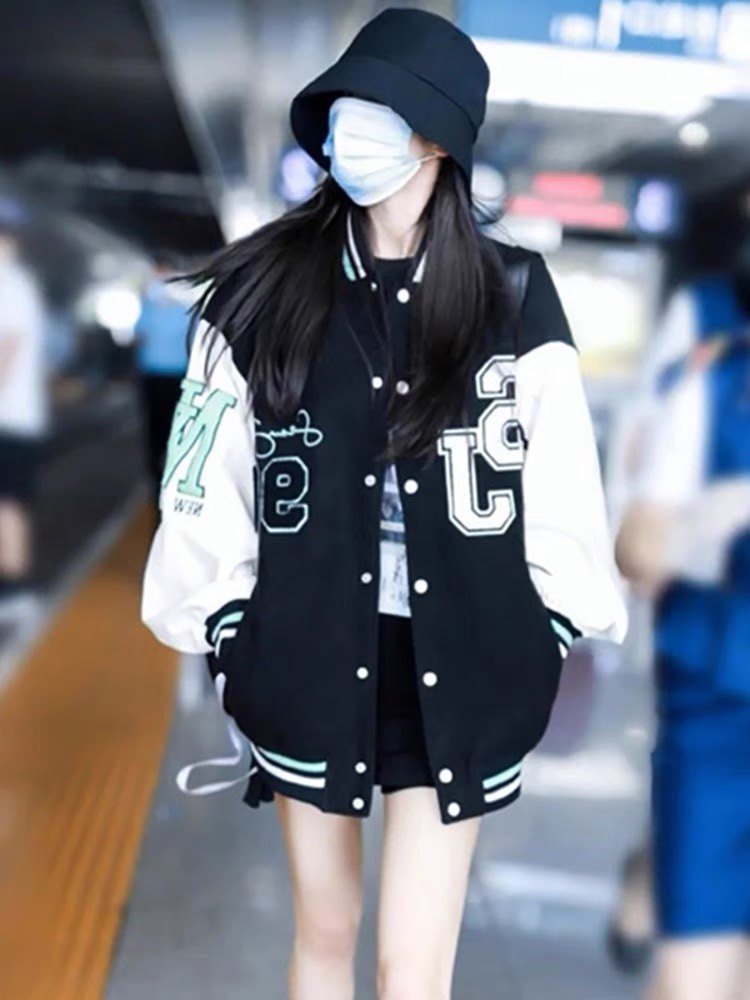 明星杨幂同款黑白拼色字母刺绣棒球服宽松百搭男女情侣夹克外套潮